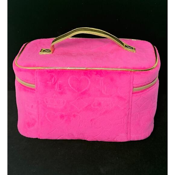 Juicy Couture Makeup Case Cosmetic Travel XL Hot Pink Gold Handle Velour NEW - Picture 2 of 5